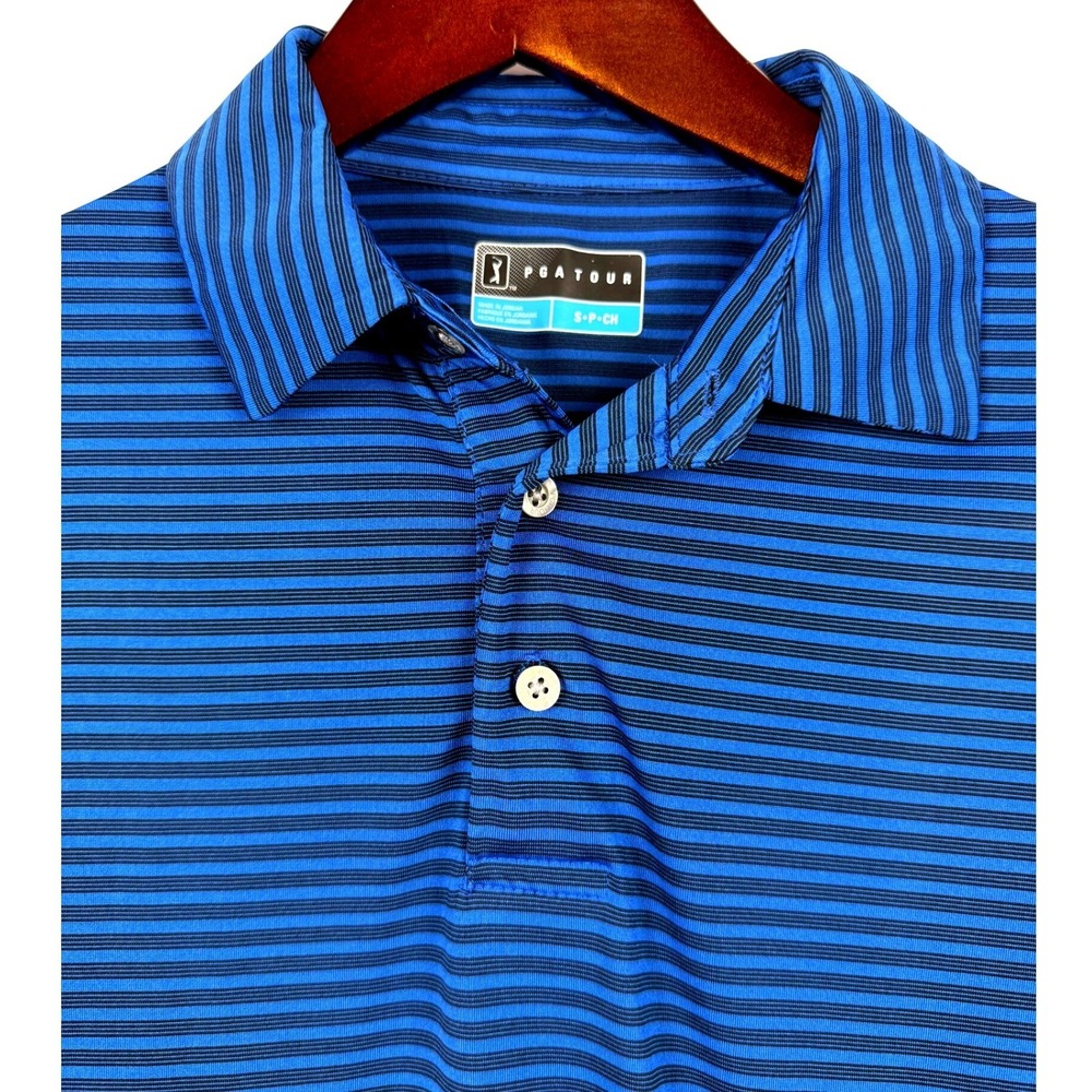 PGA Tour Men's Striped Golf Polo Shirt,‎ Short Sleeve, Performance, Blue, Small